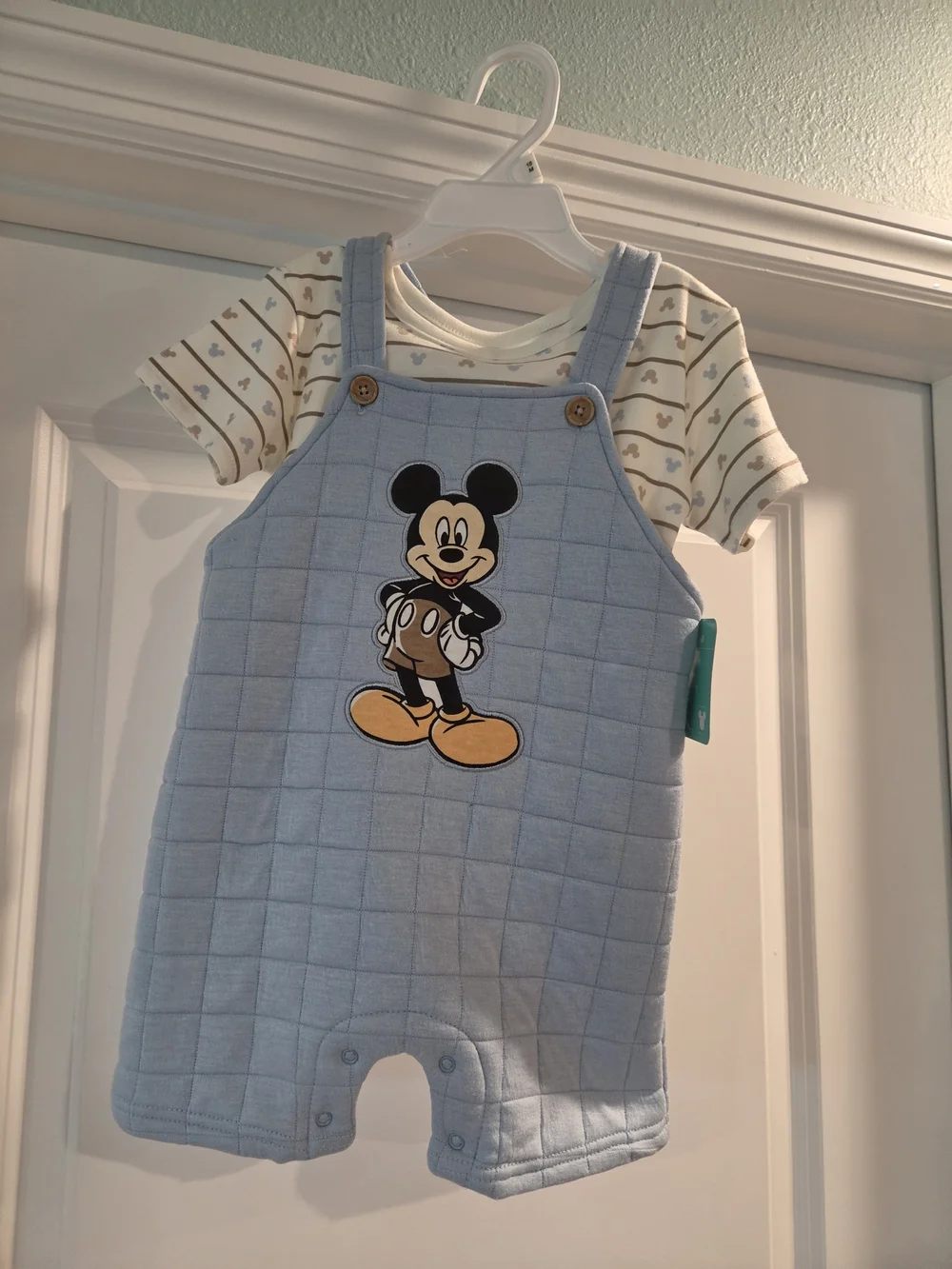 Disney Light Blue Mickey Mouse Quilted Romper Set with Cream Stripe Tee Nwt 18m